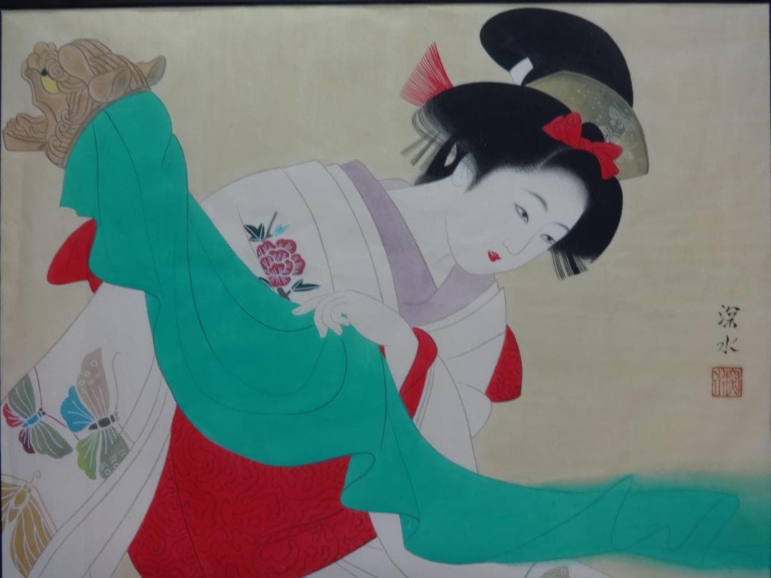 伊東深水 鏡獅子 1934年頃　肉筆水彩画　紙本著色・額装