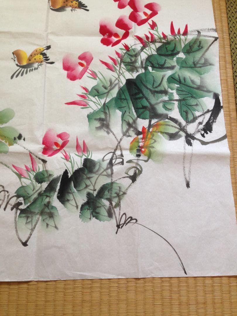 中国書画家劉湘（1963～2020年）氏作花鳥図『春意濃』図 肉筆真作保証表装前