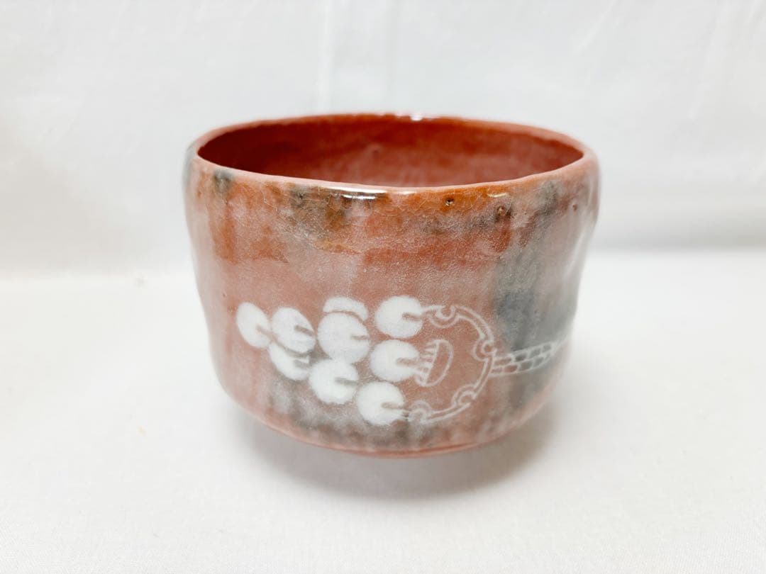 未使用 茶道具 佐々木昭楽作 慶入写 鈴の絵 赤楽茶碗 陶印 共布 共箱 二重箱