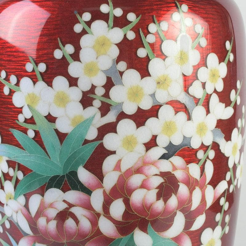 七宝焼　赤透釉　四君子文　花瓶　V　9699A