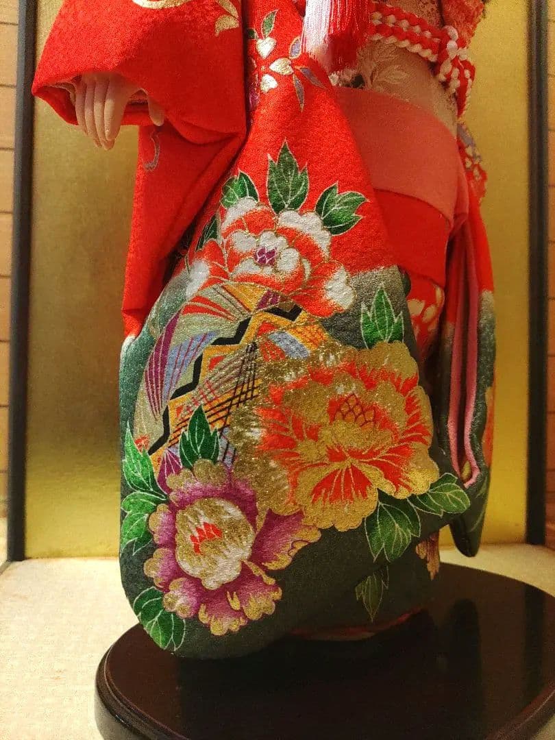 市松人形 (日本人形)11号 人形の久月 赤 着物 花柄 豪華 ガラスケース付き