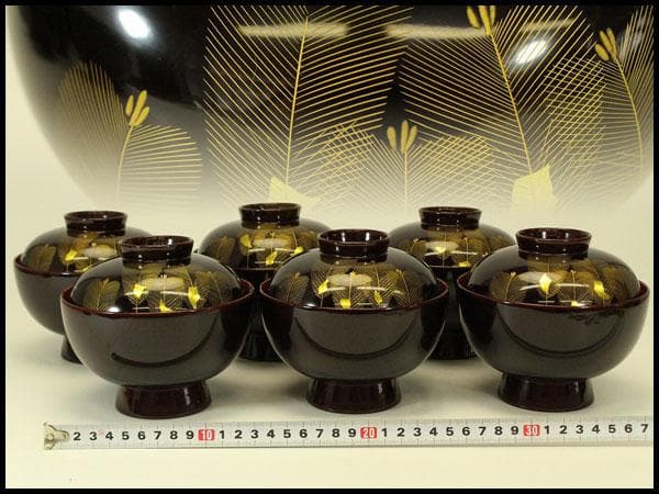 漆器の井助 沈金 若松 煮物椀 六客 美品(ZE586)