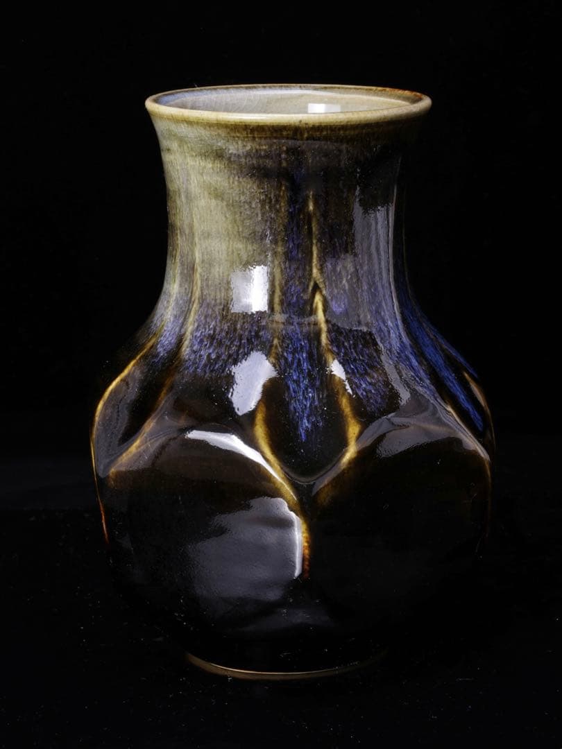 一宮窯 伊藤哲滋作『窯変面取 花瓶』共箱 真野山焼 花入 飾壺 日展会友 作家物