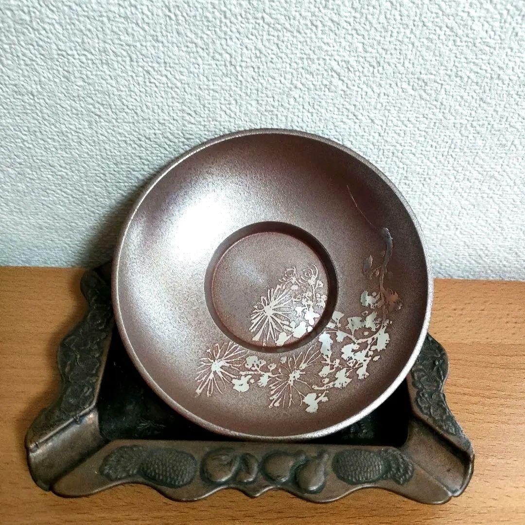 〈未使用〉錫　茶托　錫師　松下喜山作　煎茶道具　5客セット　木箱入り【T-6】