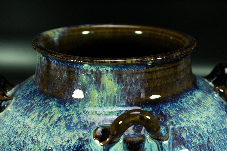 茶道具 飾壷 窯変釉 四耳壷 春峰 在銘 共箱 紐 網 揃(K-YC388)