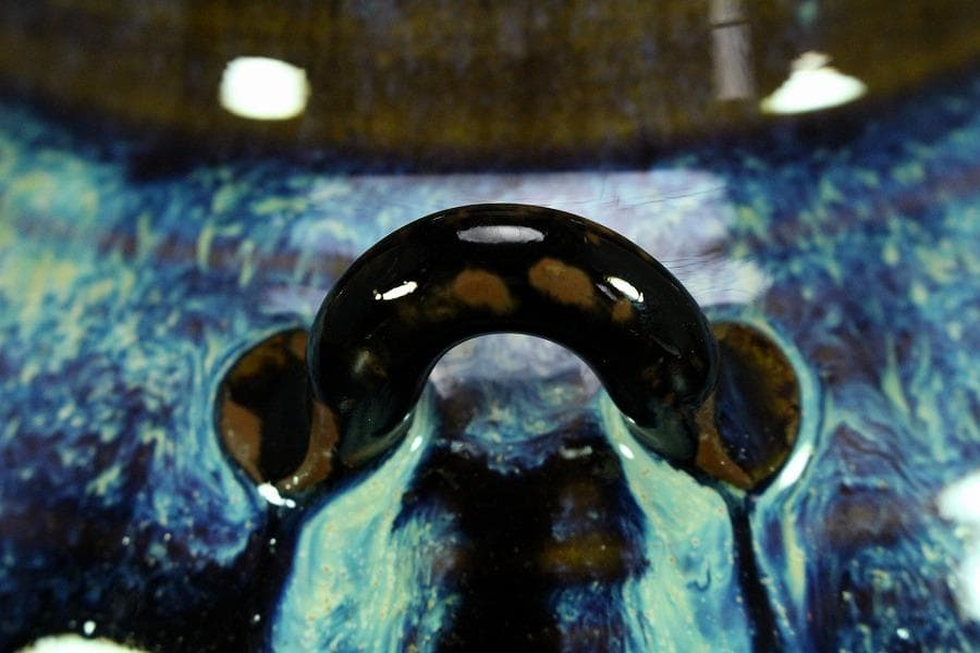 茶道具 飾壷 窯変釉 四耳壷 春峰 在銘 共箱 紐 網 揃(K-YC388)