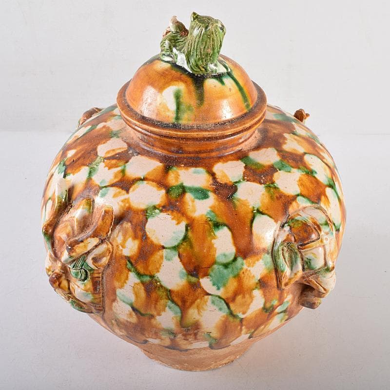 中国　唐三彩　獅子摘　双耳壷　C　R8549B