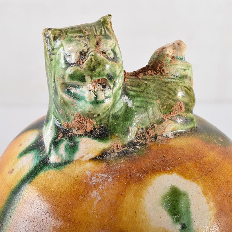 中国　唐三彩　獅子摘　双耳壷　C　R8549B