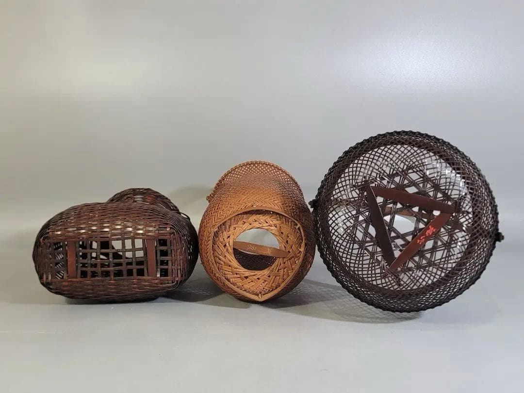 DT532 竹籠 花生 三件 在銘 作家物