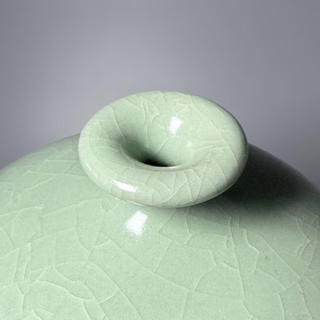 人間国宝　中島宏　本人作　青磁小壺　共箱　本物　翡翠色　究極の青　高16.3cm