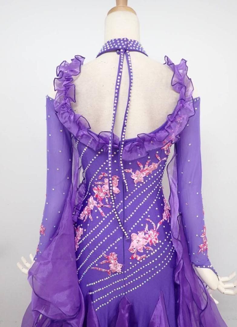 6359★美品★紫/ピンク花/刺繍/ワンピース/スタンダードドレス☆社交ダンス