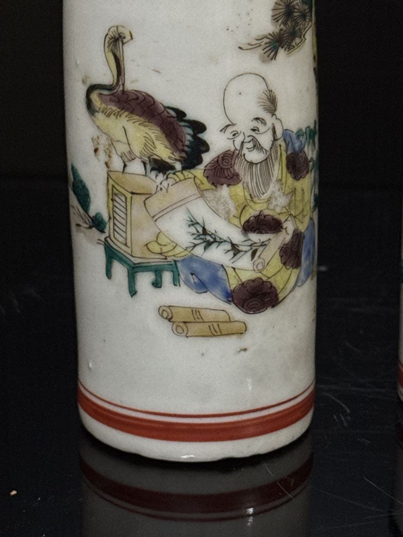 江戸期 湖東焼 彩色寿老人鶴図 徳利 酒器 天保年墨書