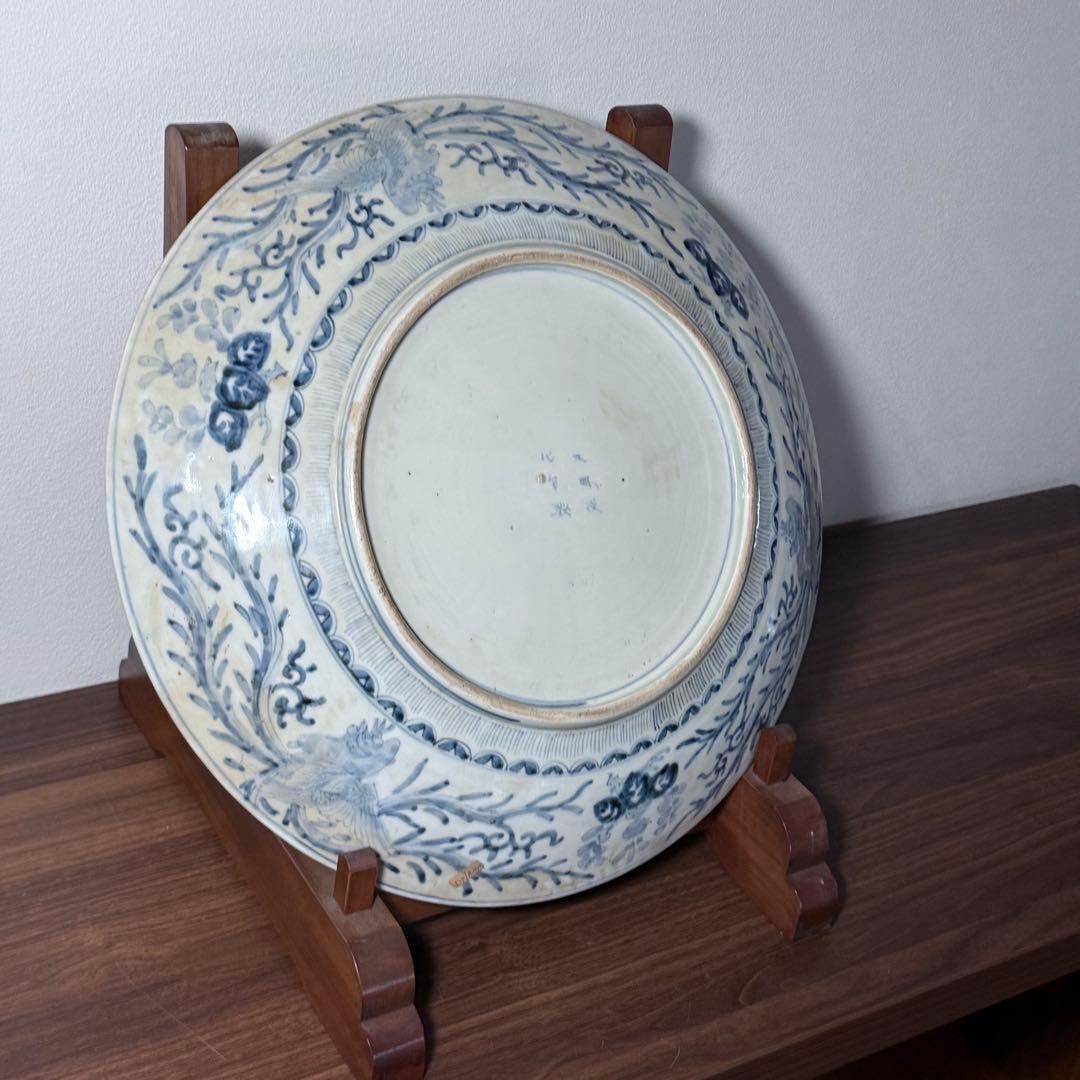 古伊万里　大皿　色絵三方松鶴図大皿　　太明成化年製　裏鳳凰と桐花図