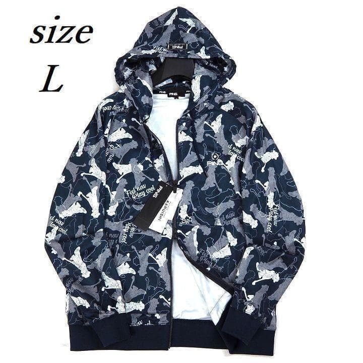 新品 ピン ゴルフ 総柄プリントフルジップ フーディー パーカー ネイビー L