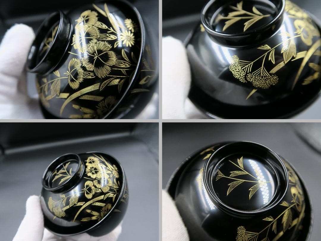 【輪島塗】極美品 秋草沈金 吸物椀 坂本漆器店 黒塗 五客揃 天然木 栞 共箱