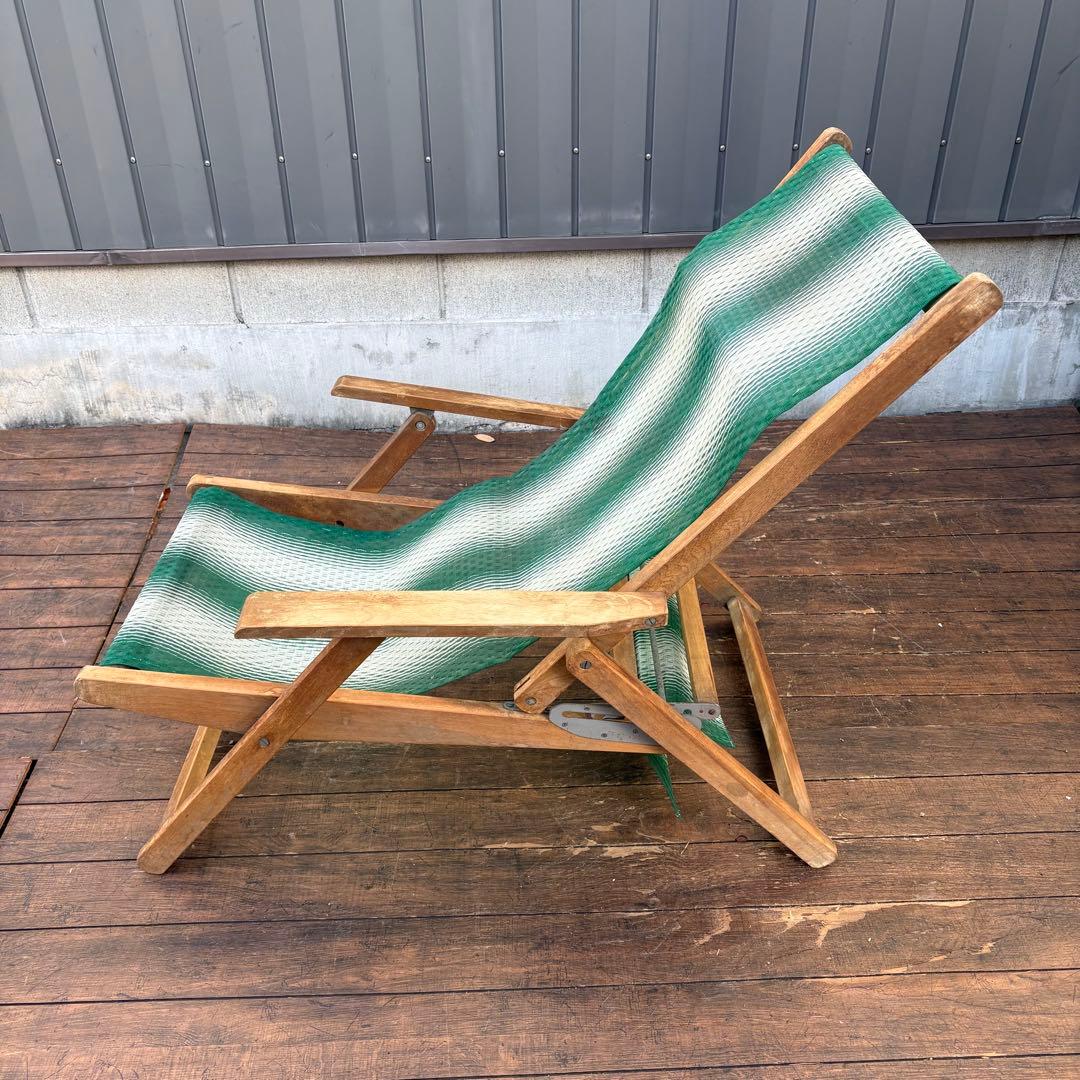 B2 昭和レトロ 木製デッキチェア ビーチチェア リクライニングチェア 古家具