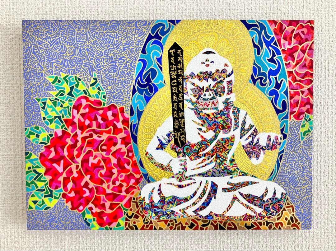 値下げ　原画　不動明王　仏像　絵画　アクリル画　現代アート　細密画　一点物