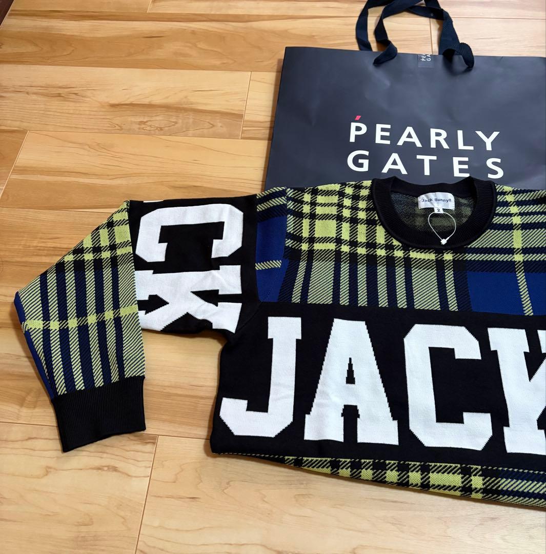 新品 ジャックバニー チェック切替3色WジャガードクルーネックニットLライム