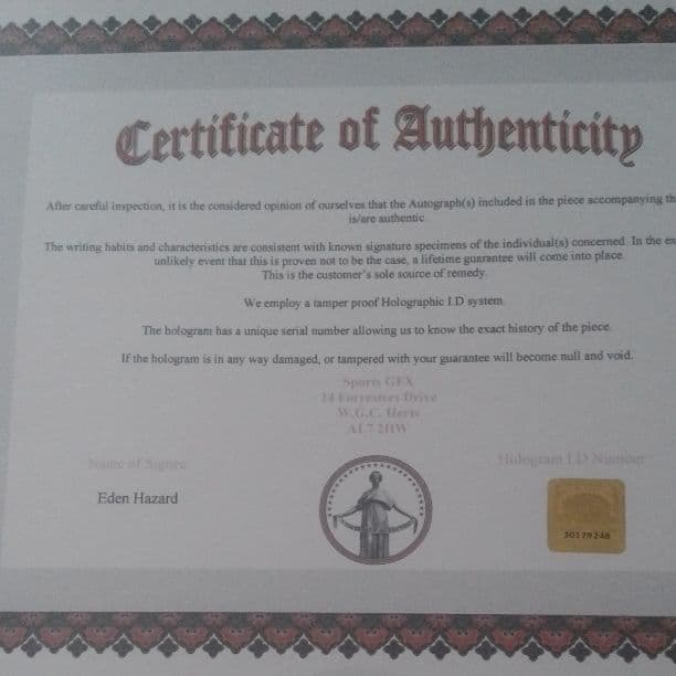ベルギー代表　エデン・アザール（チェルシーFC）直筆サイン入りフォト証明書付