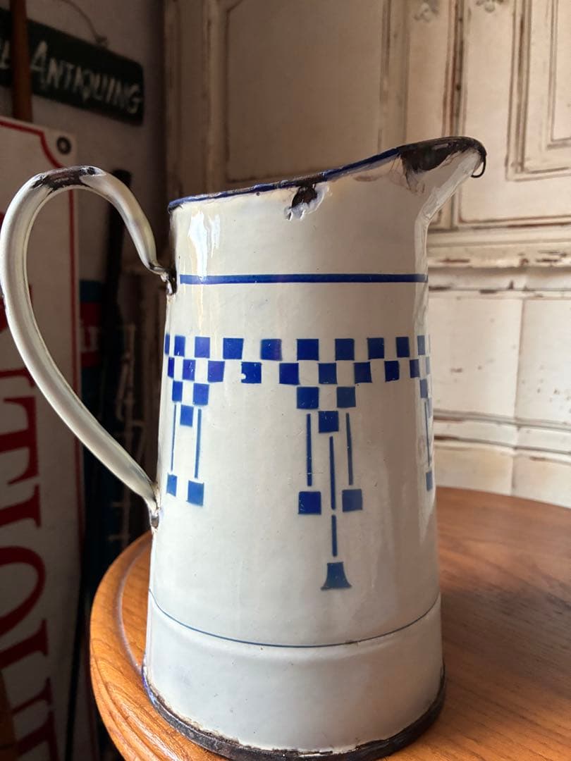 フランス　アンティーク　ホーロー　ジャグ　ピッチャー　水差し　市松　ダミエ