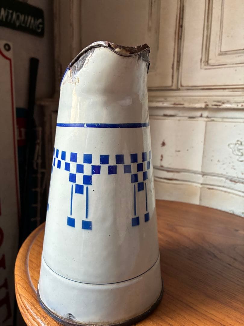 フランス　アンティーク　ホーロー　ジャグ　ピッチャー　水差し　市松　ダミエ