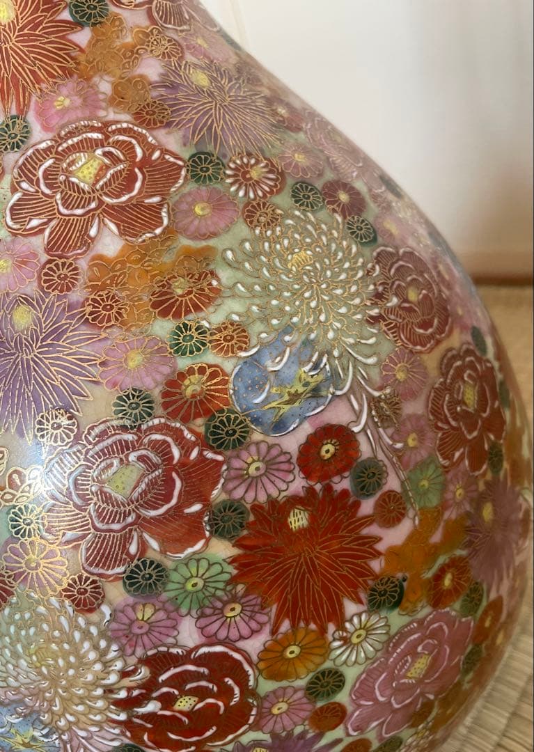 薩摩焼　飾り壺　花瓶　島津家紋入 丸十字　色絵　金彩　高さ46.5㎝ 大型　大壺