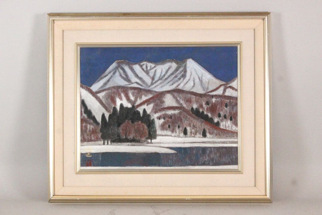 No5300 額装　倉光博之　金銘　「野尻湖」　日本画　6号　風景画　送料無料