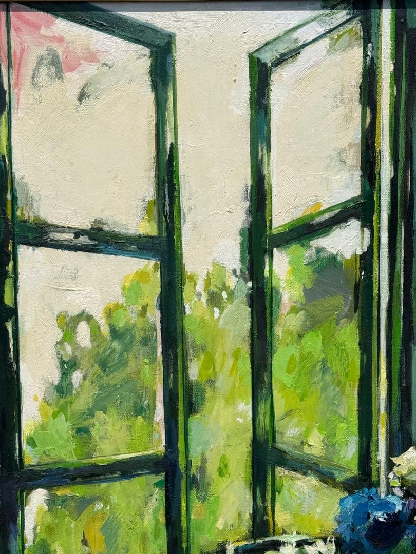 平野能子作　油彩絵　窓を開けて　直筆　示現会作品　額装　送料込み0822