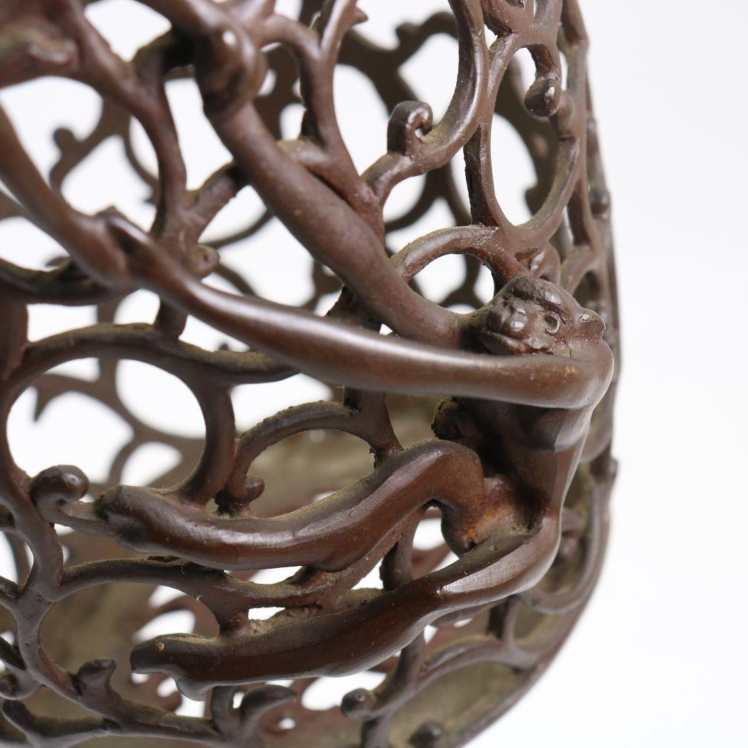 鋳師 金森浄栄作 鋳銅 蝋型 猿文 壷 花入 高岡銅器 共箱　AL826　Z1