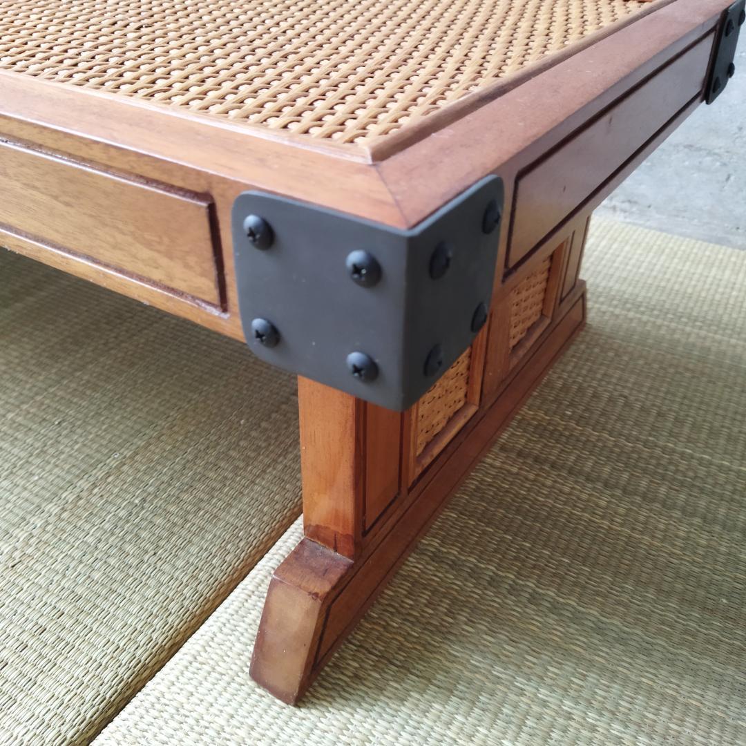 昭和レトロ ローテーブルセンターテーブル籐織りパネル付き ワークデスク 古家具