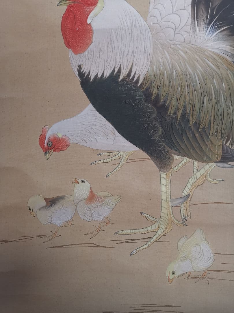 掛軸 弓家恒畝（ゆやこうほ）肉筆 群鶏図 自筆共箱 軸先は鹿角