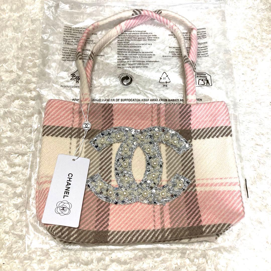 CHANEL チェック柄トートバッグ　パールスパンコール　ピンク