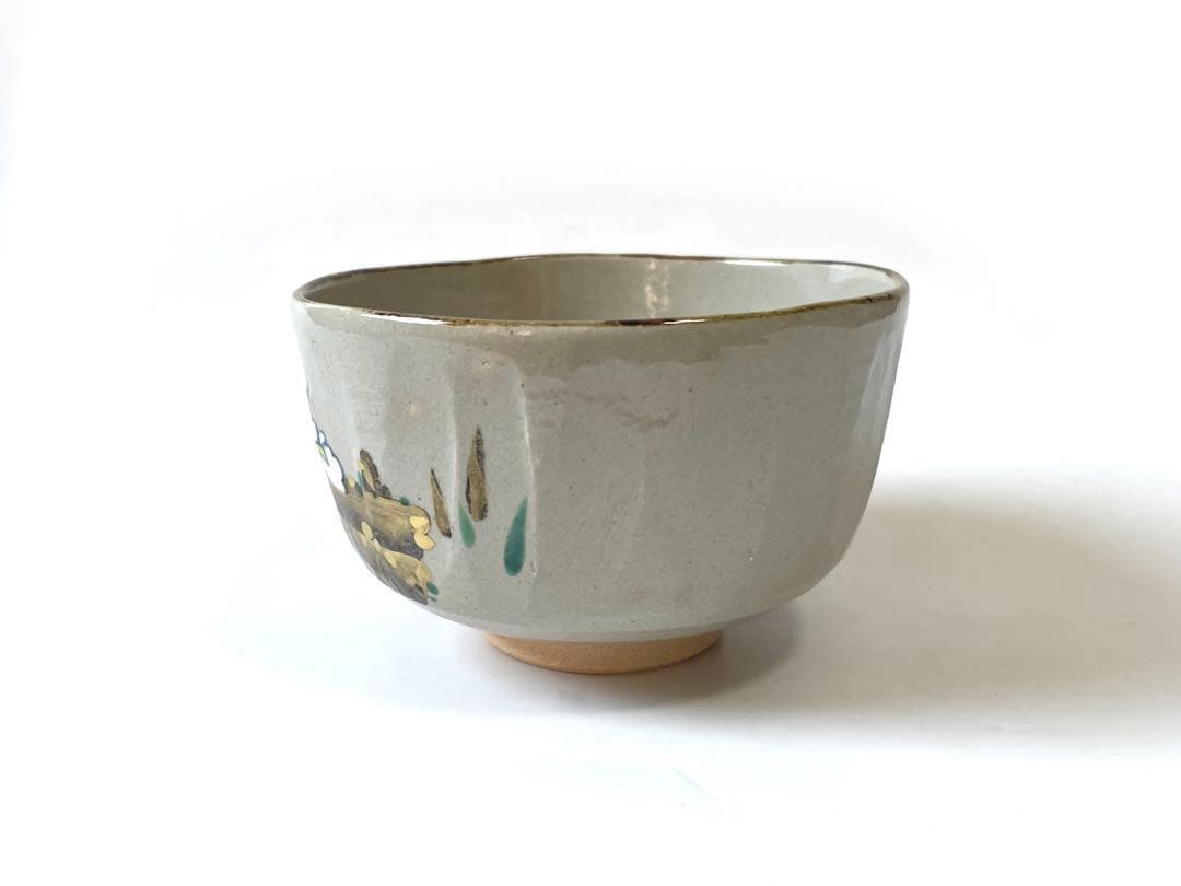 茶道具　杣山焼　南口閑粋　乾山写　色絵　金彩　八ツ橋　茶碗　共箱 あやめ　桔梗