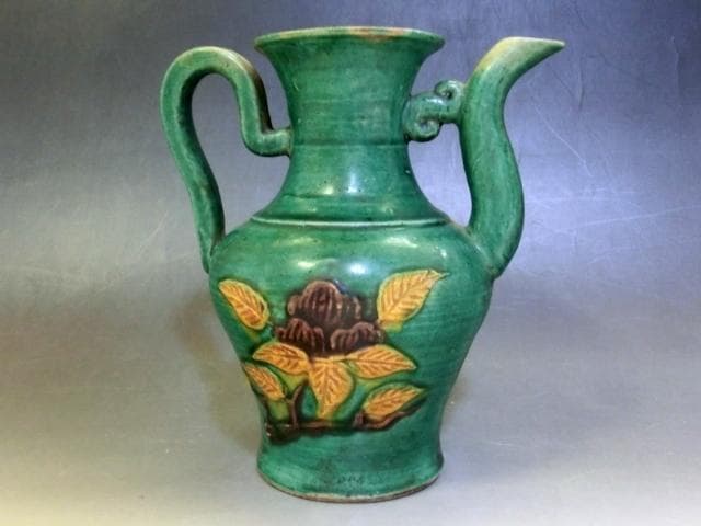 水差し■緑釉水注 水瓶 花唐草 中国 お茶道具 古玩 唐物 時代物 骨董品■