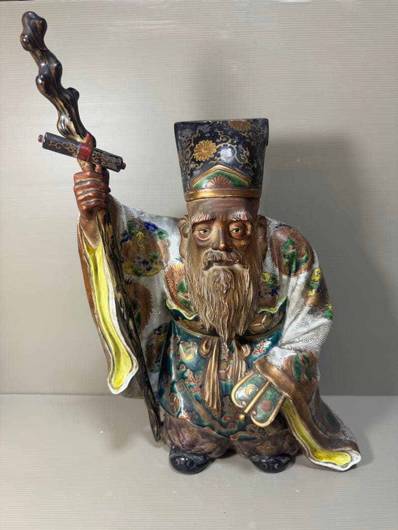 2281 九谷焼 古九谷 金彩色絵七福神 寿老人像 置物　特大　高50cm時代物