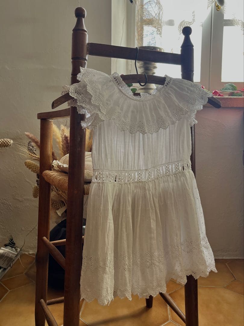 ◆フランスアンティーク｜子供用セレモニードレス洗礼式白レーステディベアドール