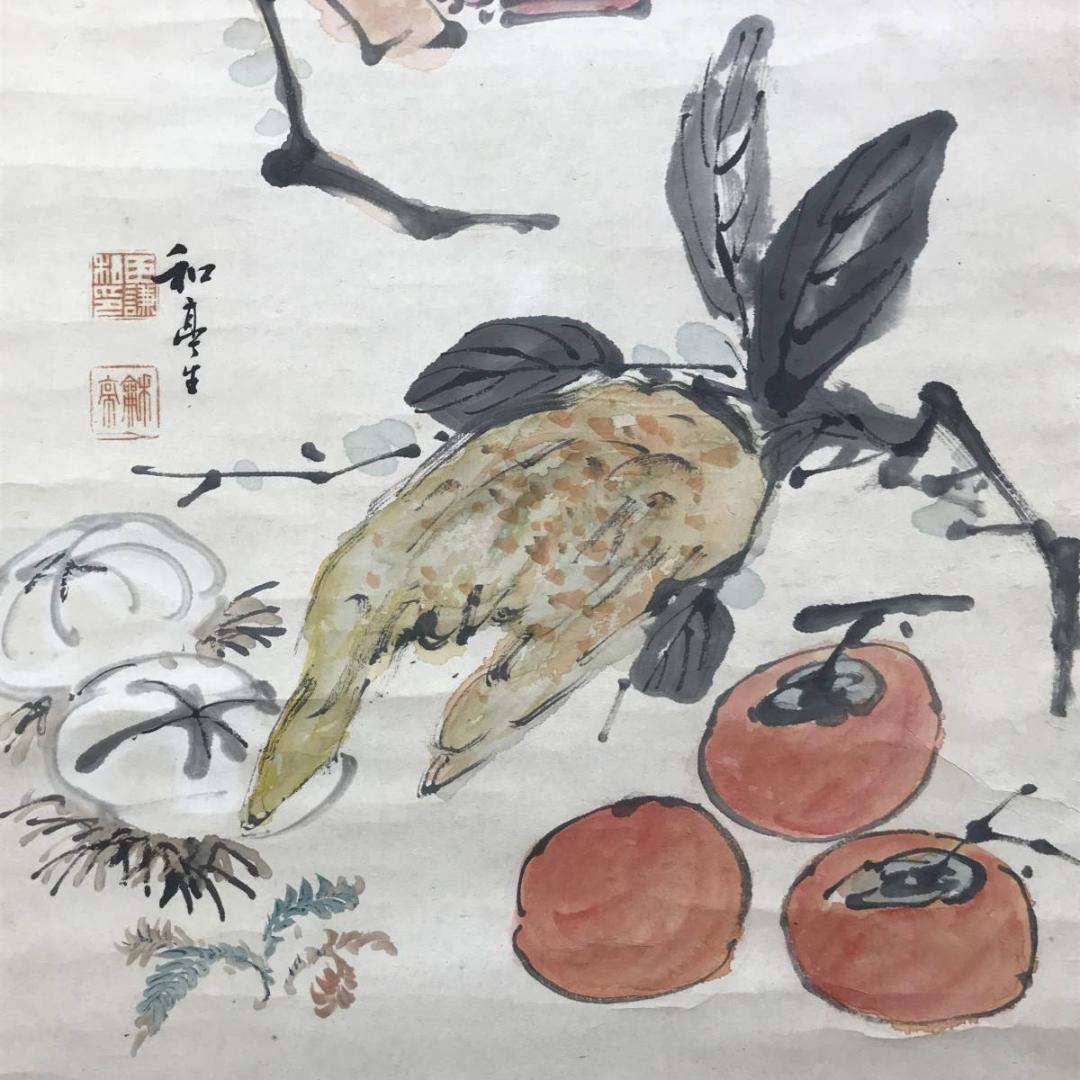 真作/滝和亭/華北？/華石？/果物図/合作/柿/掛軸/名家伝来AE-402