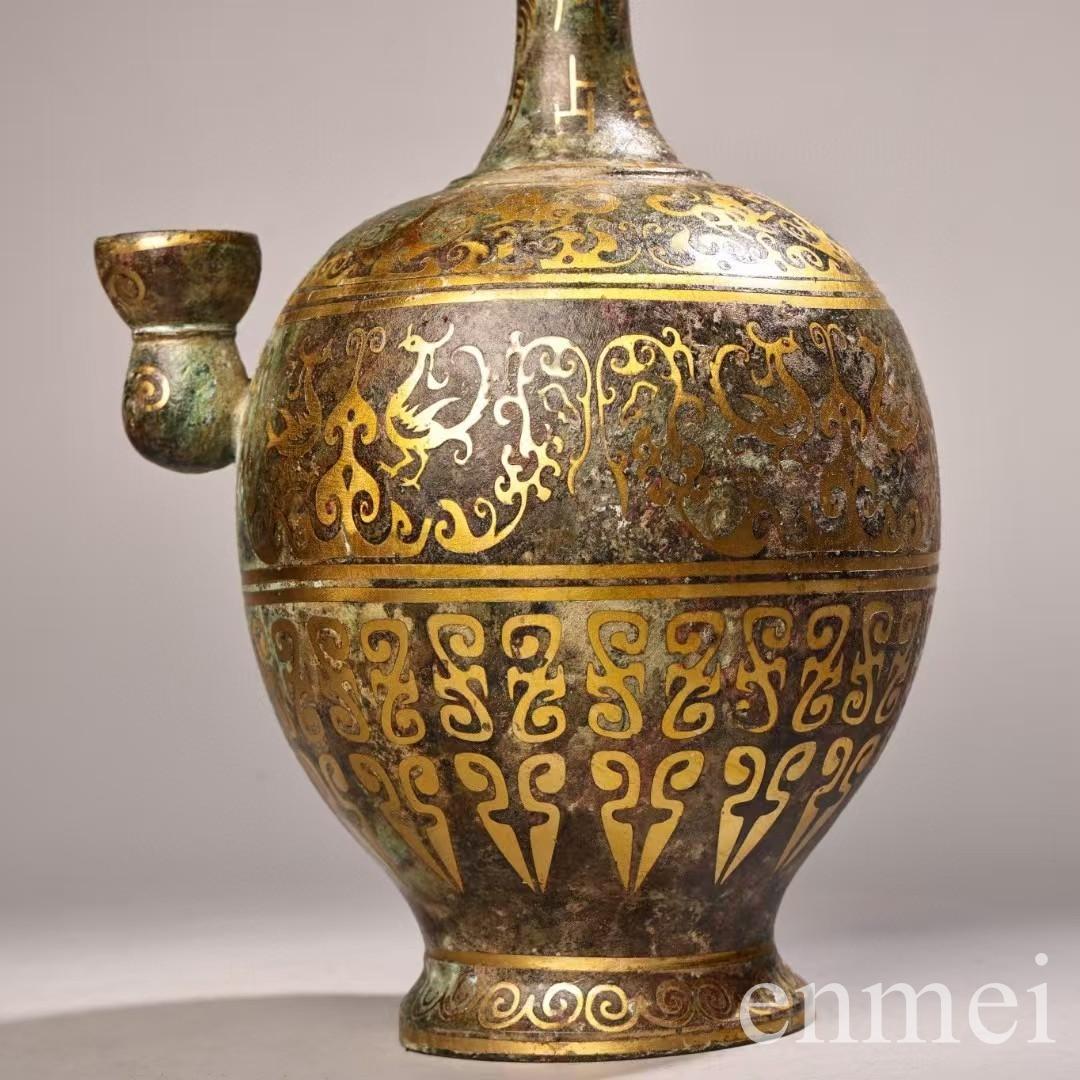 中国古美術・旧蔵搓金装飾と銘文入りの青銅製酒壺と油灯・青銅・純手作り・置物・酒壺