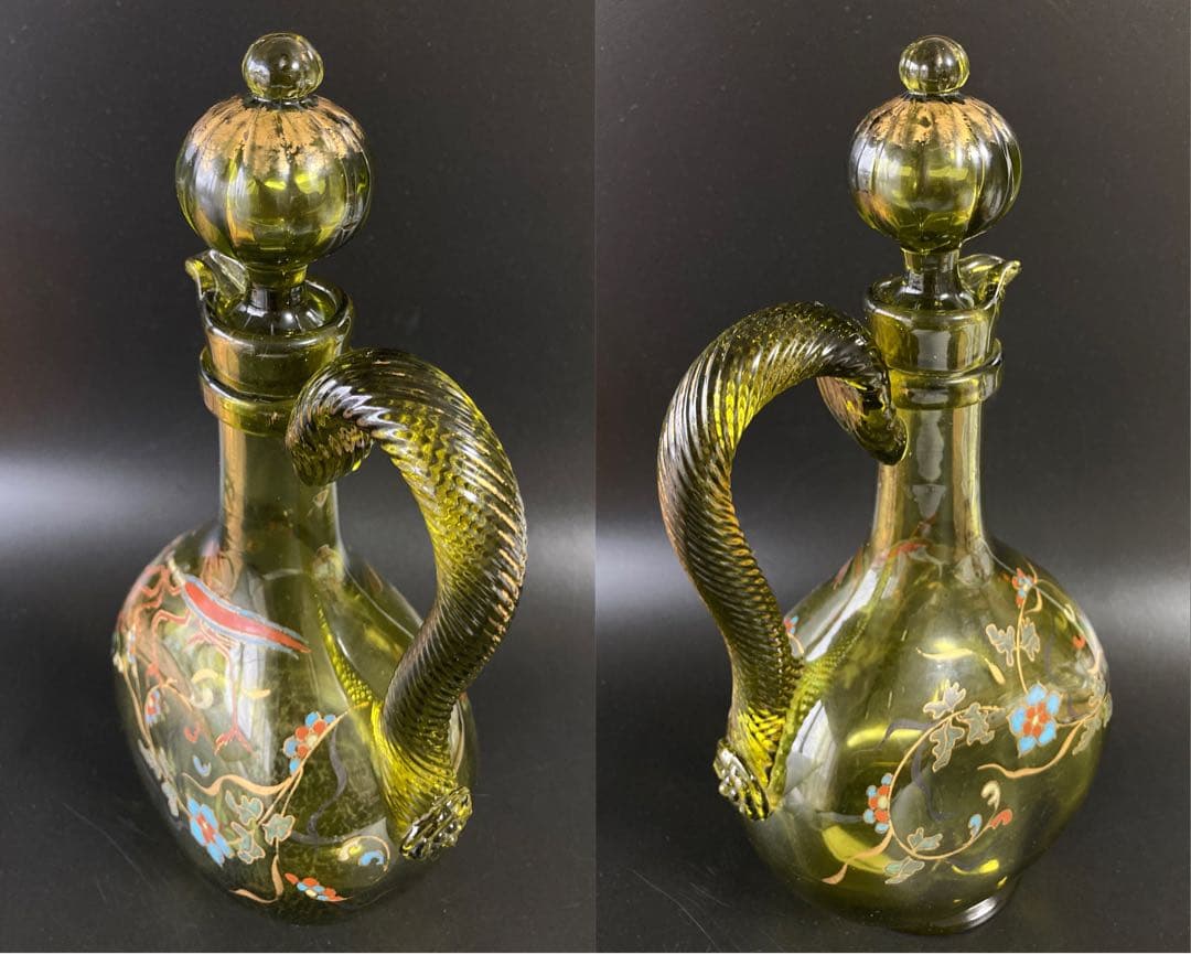 エミール・ガレ　蟷螂と草花絵図　エナメル彩水差し　カラフェ　デカンタ　デキャンタ