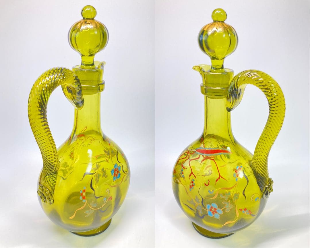 エミール・ガレ　蟷螂と草花絵図　エナメル彩水差し　カラフェ　デカンタ　デキャンタ