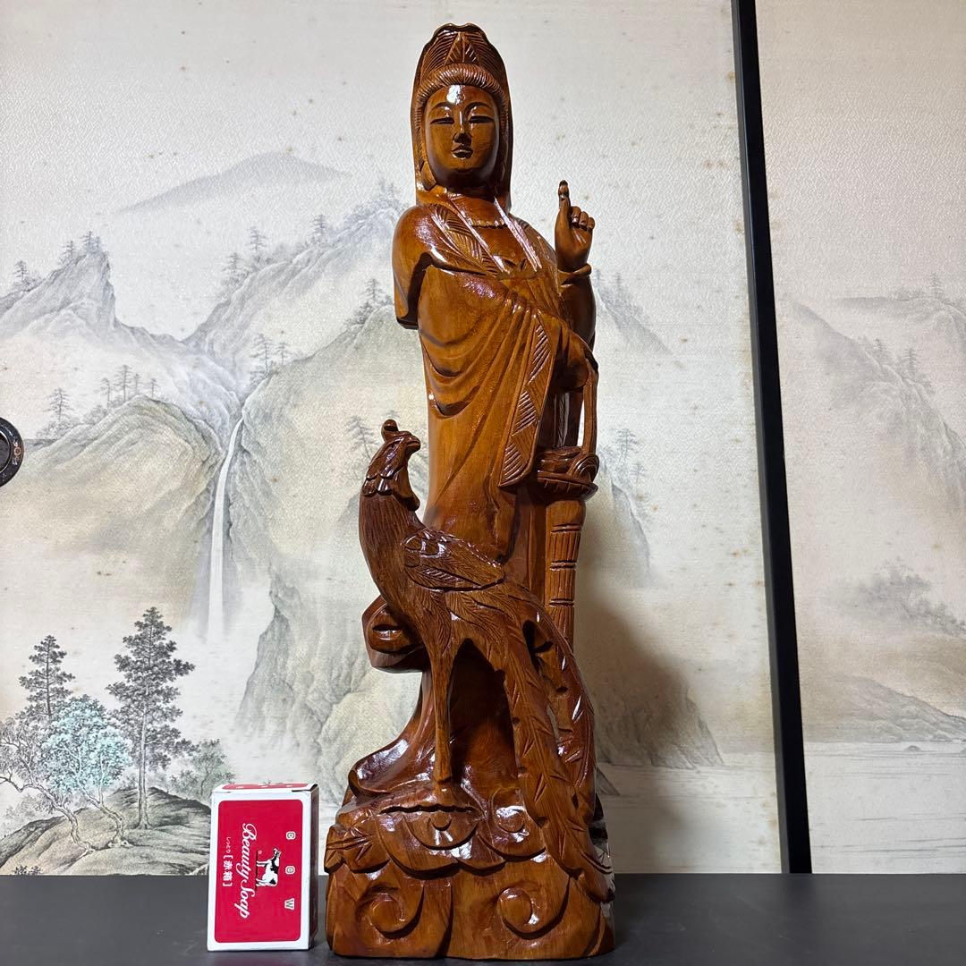 大型 鳳凰　観音菩薩 木彫　仏像 彫刻　開運　風水　置物　縁起物　インテリア