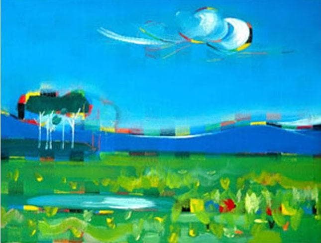 油絵 菅家令子 絵 絵画 インテリア F4-080111 風景 緑の草原と青い空