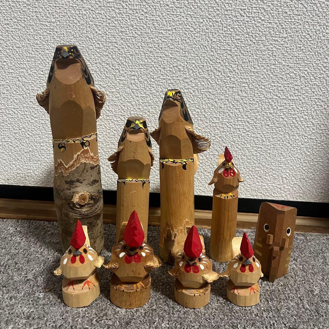郷土玩具　笹野一刀彫　お鷹ぽっぽ　尾長鶏ポッポ 鷹の彫刻鶏の彫刻　９点セット