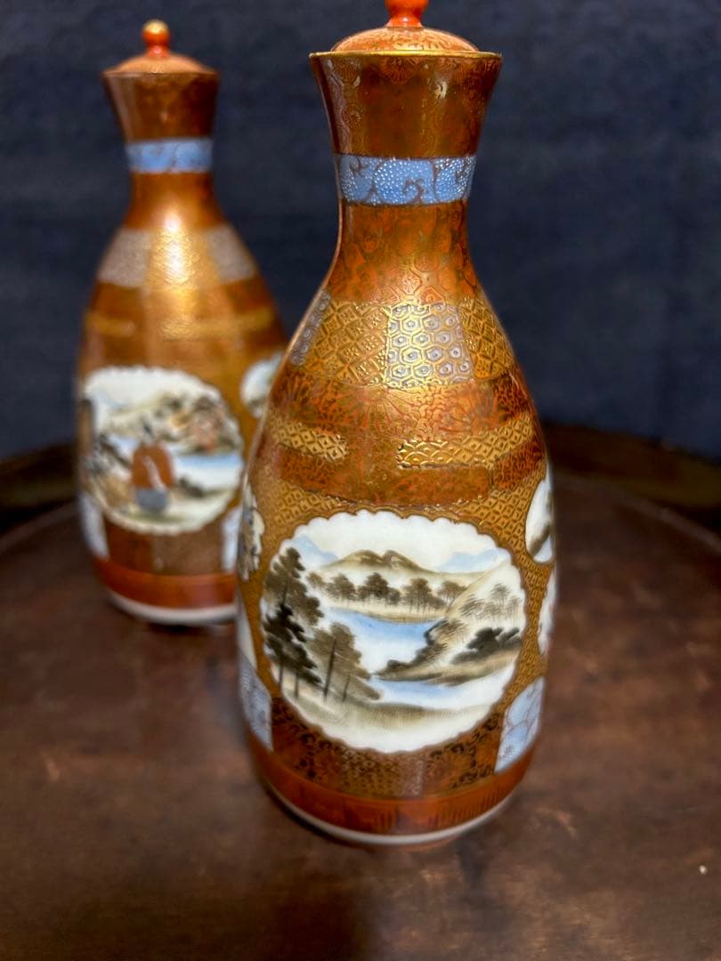 最上級　南魚沼市旧家蔵出品　金彩窓絵図　蓋付徳利　無傷　本物保証