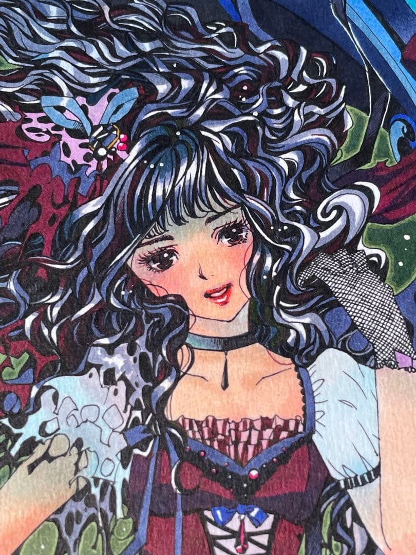 真作　Fukasawa Naoko「Blue Moon」水彩 ゴスロリ　アリス
