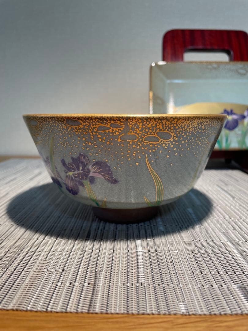 130桑野むつ子 京都 御所の花十二ヶ月 【6月花菖蒲】抹茶椀・和陶皿　しおり付