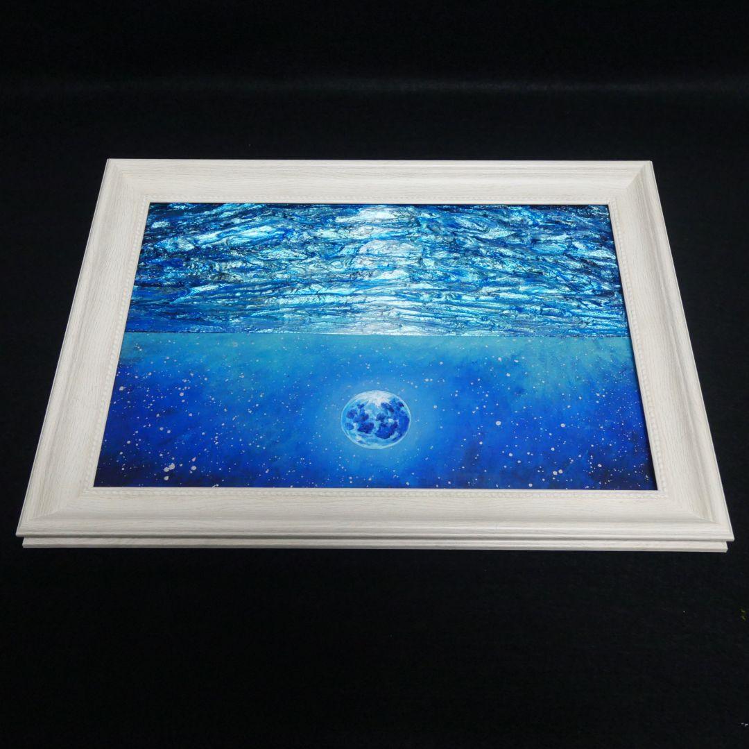 油絵 油彩 油彩画 絵 絵画 【青い満月と輝く海】