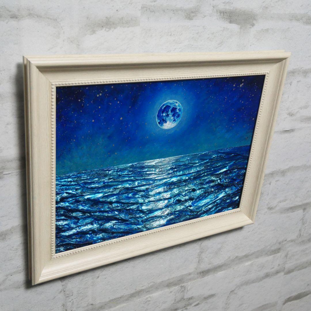 油絵 油彩 油彩画 絵 絵画 【青い満月と輝く海】