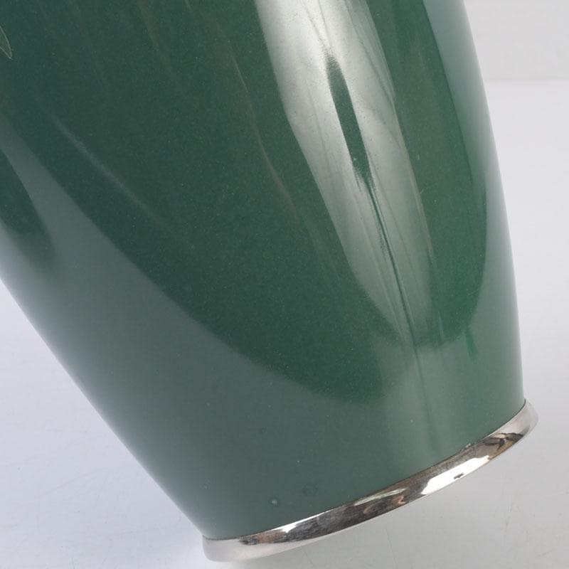 七宝焼　相互七宝謹製　緑釉　花文　花瓶　唐木台付　共箱　V　9837A