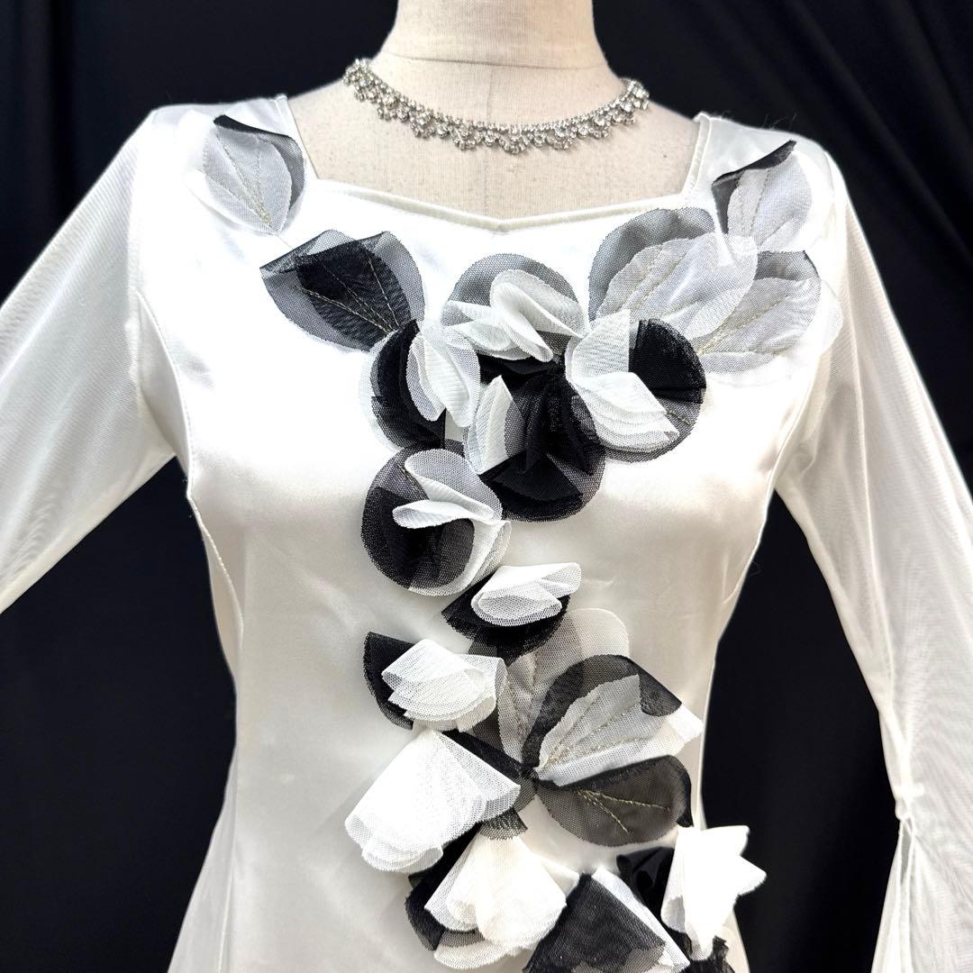 6235★L オフ白 サテン 花モチーフ スタンダードドレス 社交ダンス